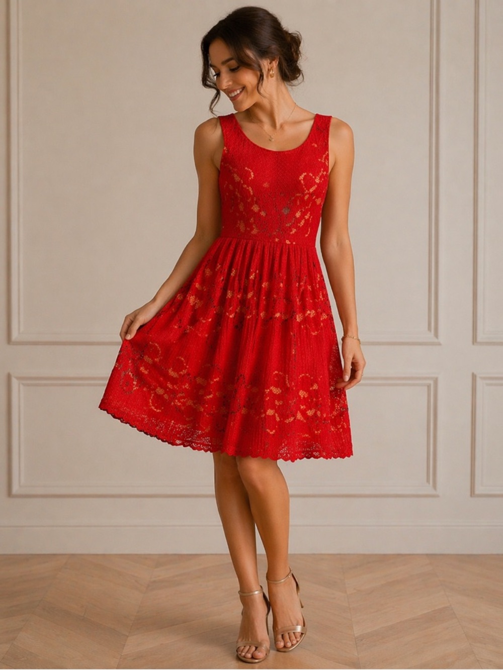 Free People Coral Lace Fit & Flare Dress Cutout Back Boho Women Size 8